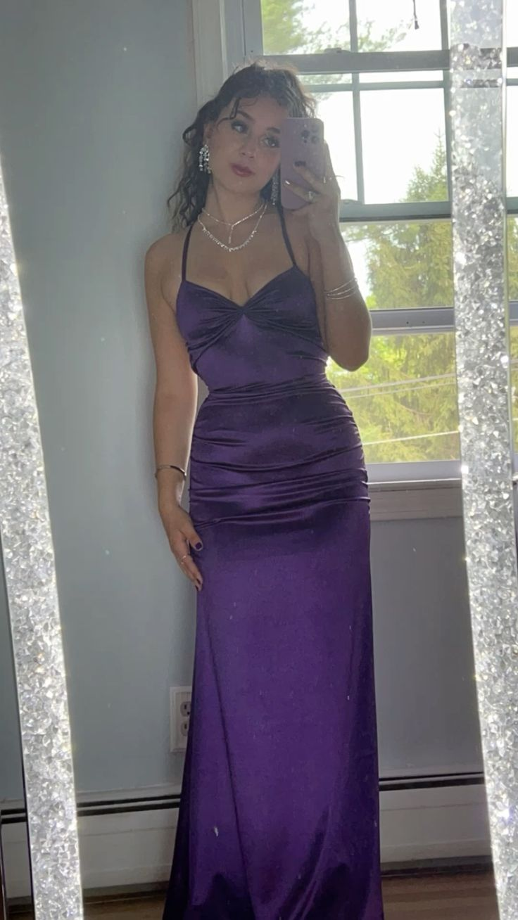 Beautiful Purple Satin Sheath Long Sheath Evening Dress Y7920