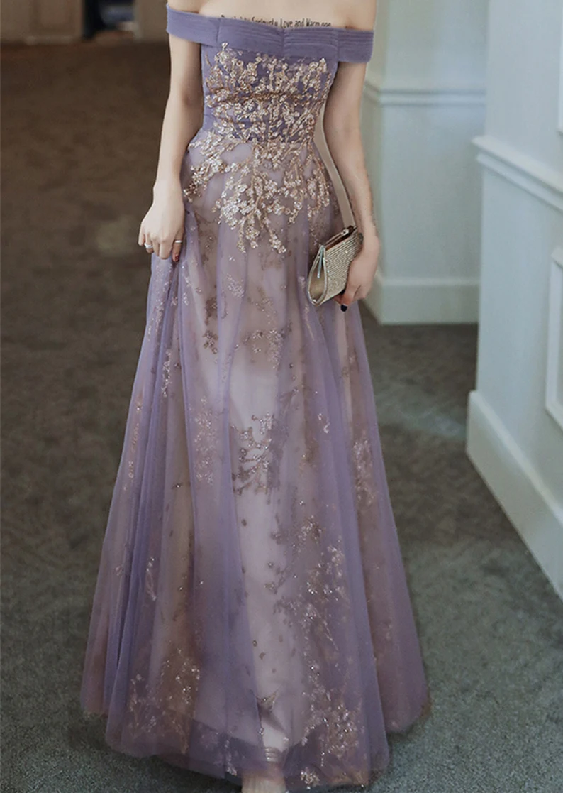 Dreamy Purple Prom Dress off Shoulder Evening Dress Elegant Long Banquet Dress Sleeveless Party Dress Girl Graduation Dress Y4286