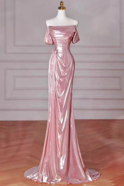 Elegant Mermaid Off Shoulder Long Prom Dress,Pink Birthday Evening Dress Y8068