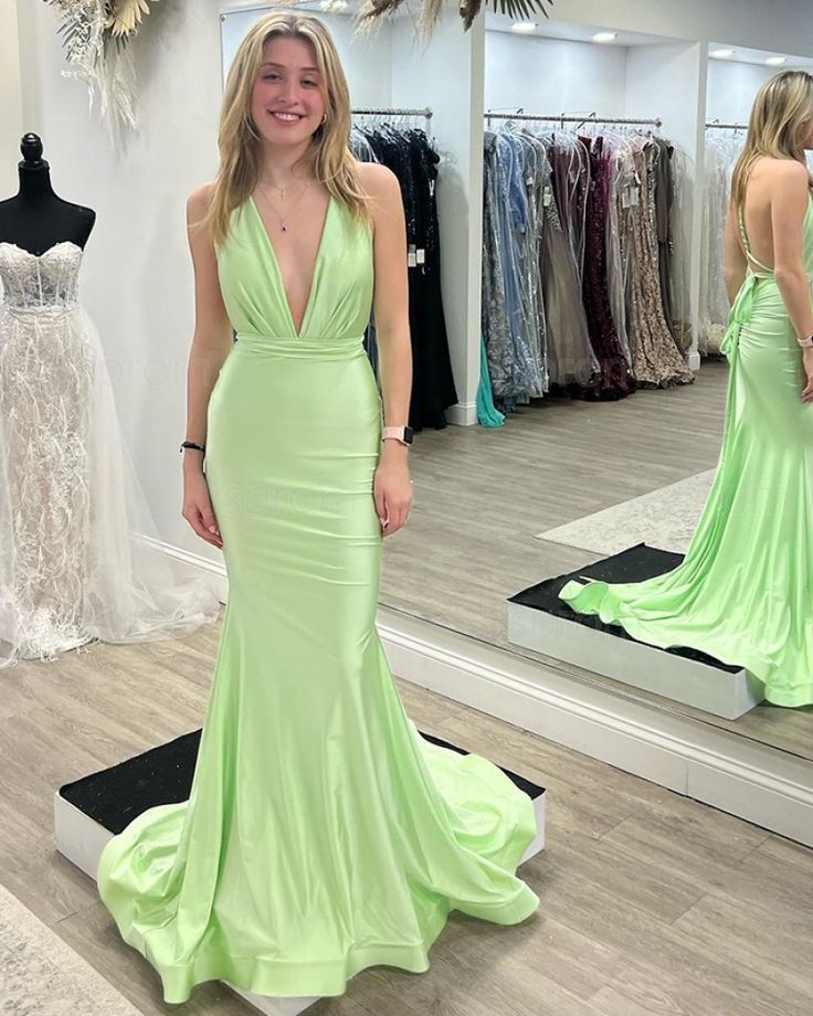 Mint Satin Deep V-neck Mermaid Simple Prom Dress Y6238