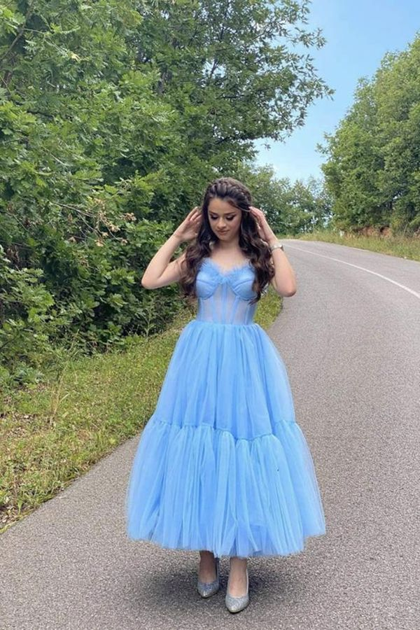 Sky Blue Straps Tulle A Line Prom Dress Sweetheart Formal Dresses Y6280