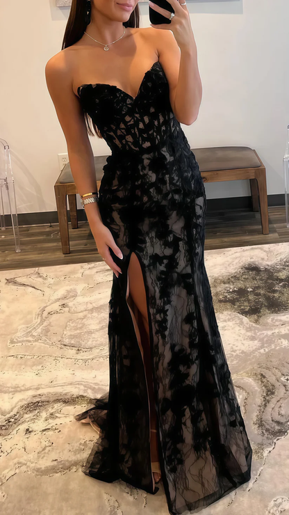 Black Evening Dress, Sexy Strapless Sweetheart Lace Slit Mermaid Prom Dress Y8017