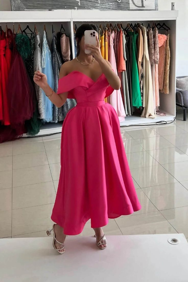 Pink Midi Length Formal Dress Off the Shoulder Satin Prom Dresses Y5446