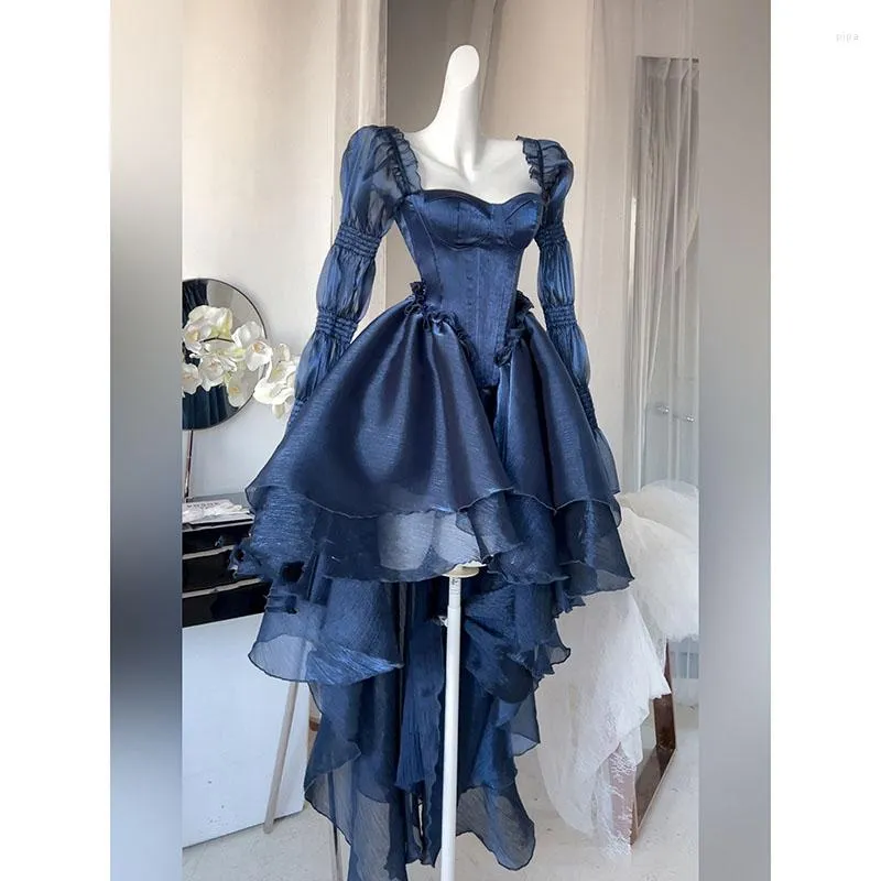 Spring Summer Vintage Style Off Shoulder Navy Blue Party Dress Women Elegant Princess Dress Y4808