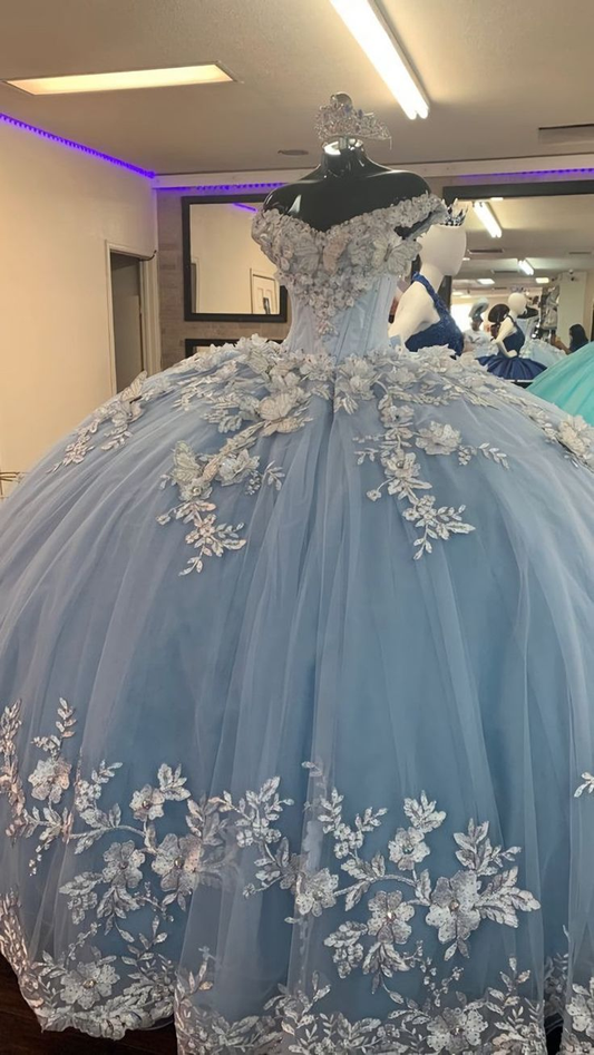 Fairy Blue Princess Prom Dress Tulle Appliques Ball Gown Quinceanera Dress Y7838