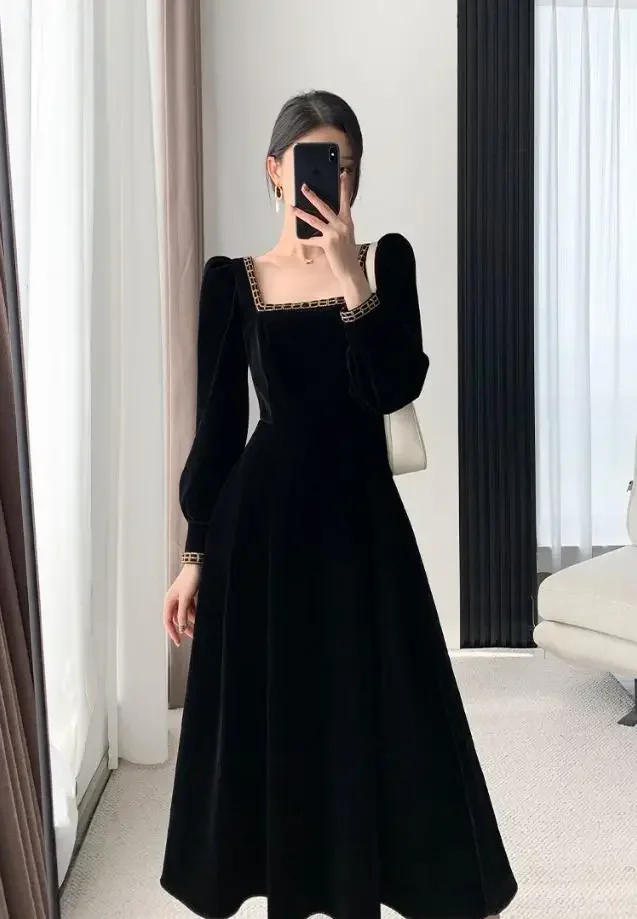 Velvet Dress Women Long Sleeve Square Neck Elegant Bodycon Patchwork Fashion Evening Dress Y6744