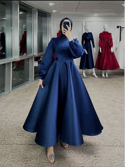 Modest Navy Blue A-line Satin Prom Dress,Muslim Dress Y6983