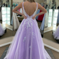 Lilac Tulle A-line V Neckline Backless Applique Long Prom Dress Y6087