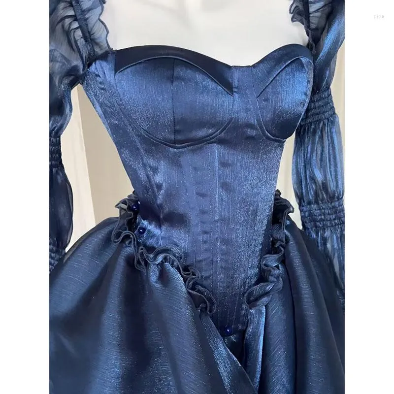 Spring Summer Vintage Style Off Shoulder Navy Blue Party Dress Women Elegant Princess Dress Y4808