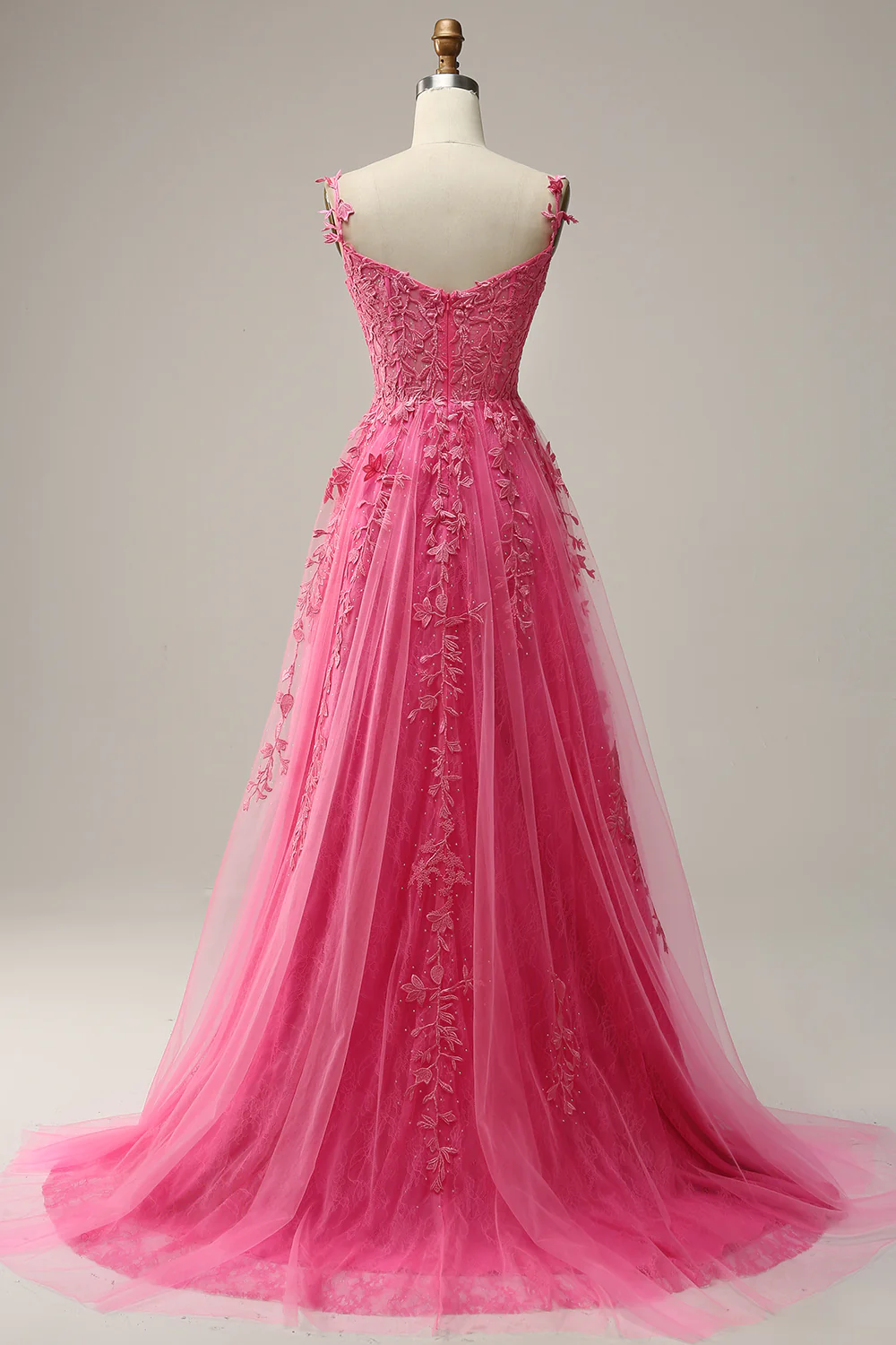 A Line Spaghetti Straps Hot Pink Prom Dress With Appliques Y2800