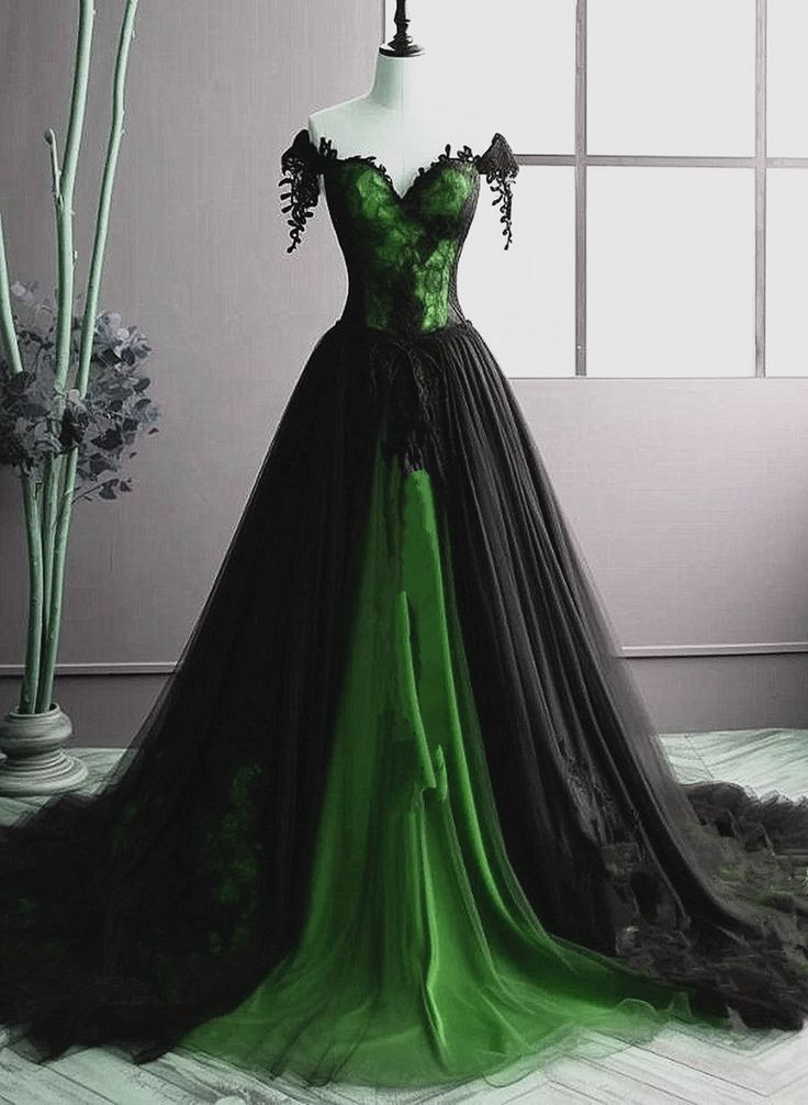 Unique Off The Shoulder Green A-line Sweetheart Tulle Long Party Dress, Evening Dress Y7795