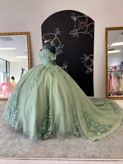 Off The Shoulder Sage Green Lace Appliques Ball Gown,Sweet 16 Dress Y2028