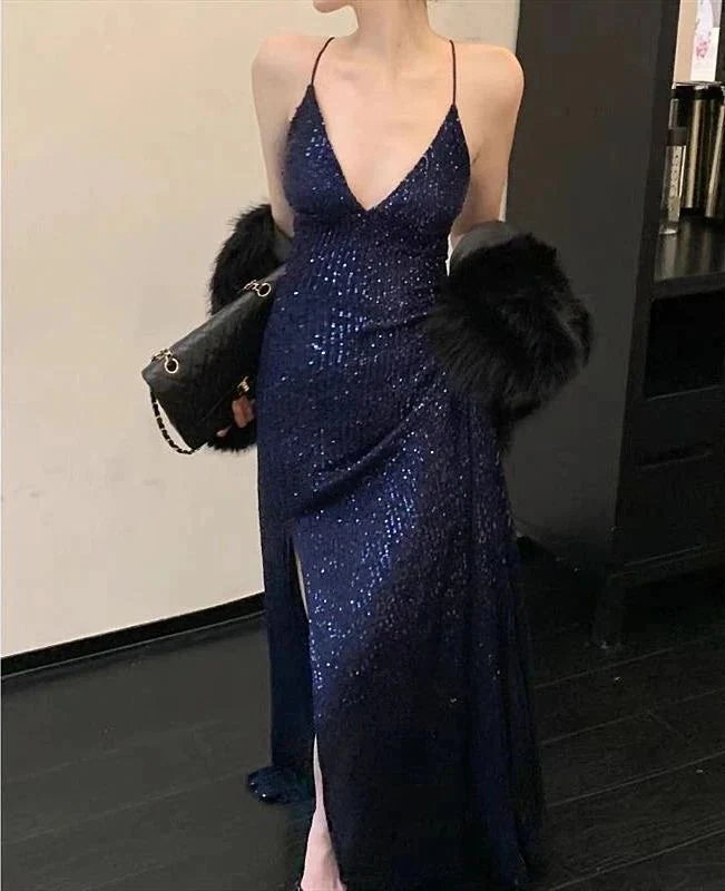 Womens Navy Sequined Slit Spaghetti Strap V Neck Full-Length Prom Dress Y6490