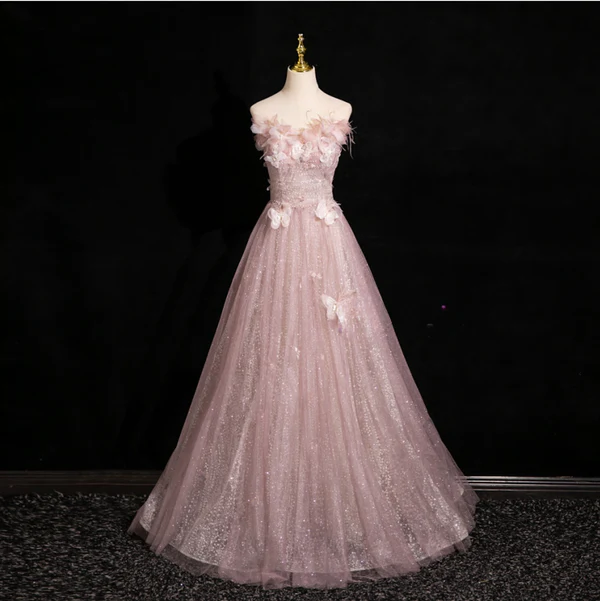 Elegant Pink Tulle Sequins Ball Gown Butterfly Appliques Formal Evening Dress Y7996