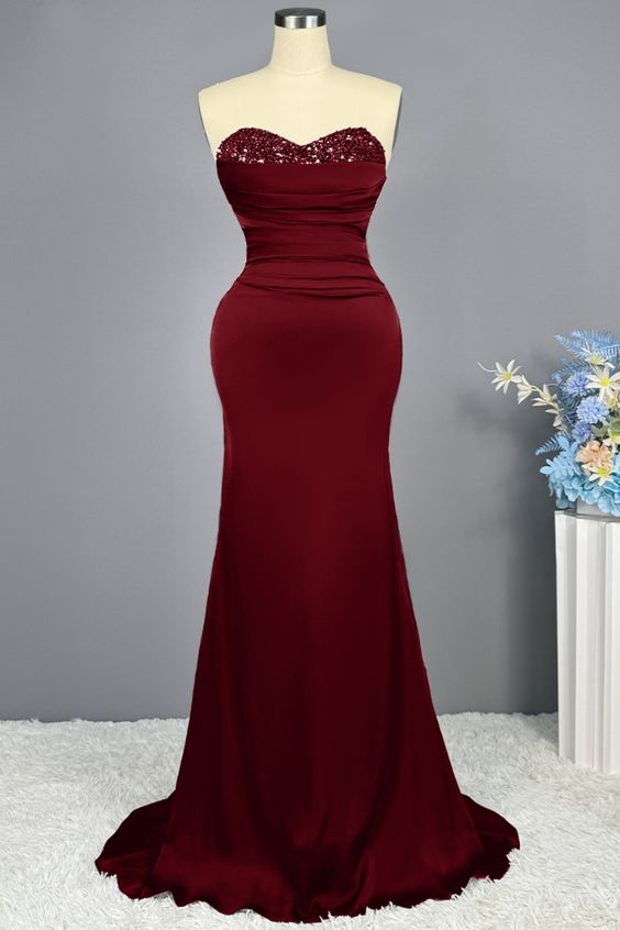 Burgundy Prom Dress Long Party Mermaid Sweetheart Sequins Sleeveless  Y6857