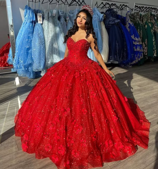 Beautiful Red Sequins Appliques Ball Gown，Strapless A Line Prom Dress Y8213