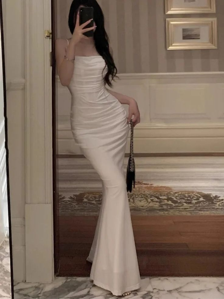 Sexy Spaghetti Straps White Mermaid Evening Dress Long Prom Dress Y7787