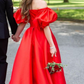 Bubble Sleeve Red A-line Satin Prom Dress,Princess Dress  Y5338