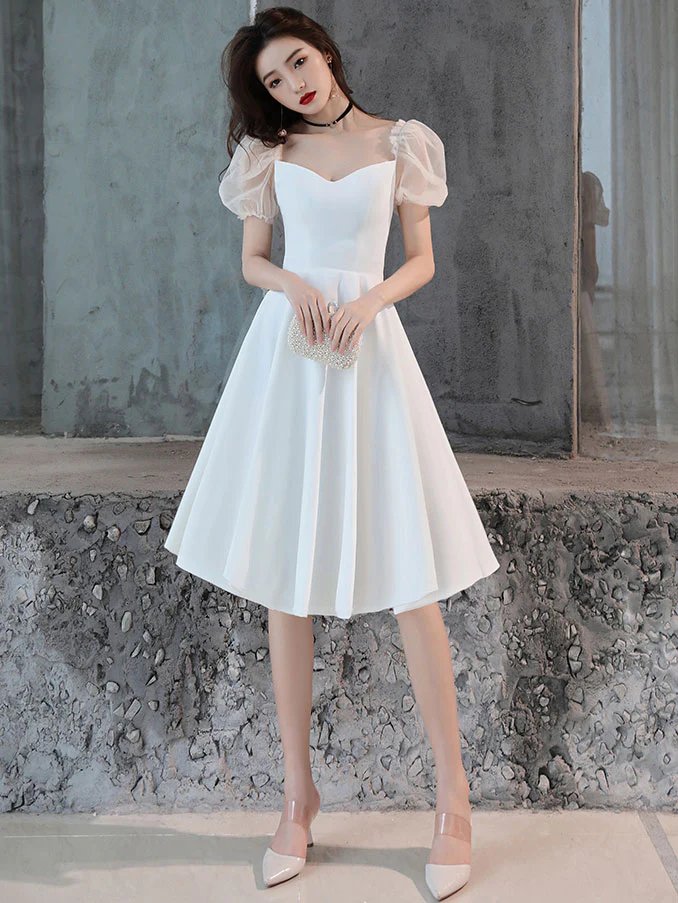 White Satin Short Prom Dress, White Homecoming Dress,Y2423