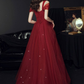 Wine Red Tulle Straps Sweetheart Long A-line Prom Dress Y6017