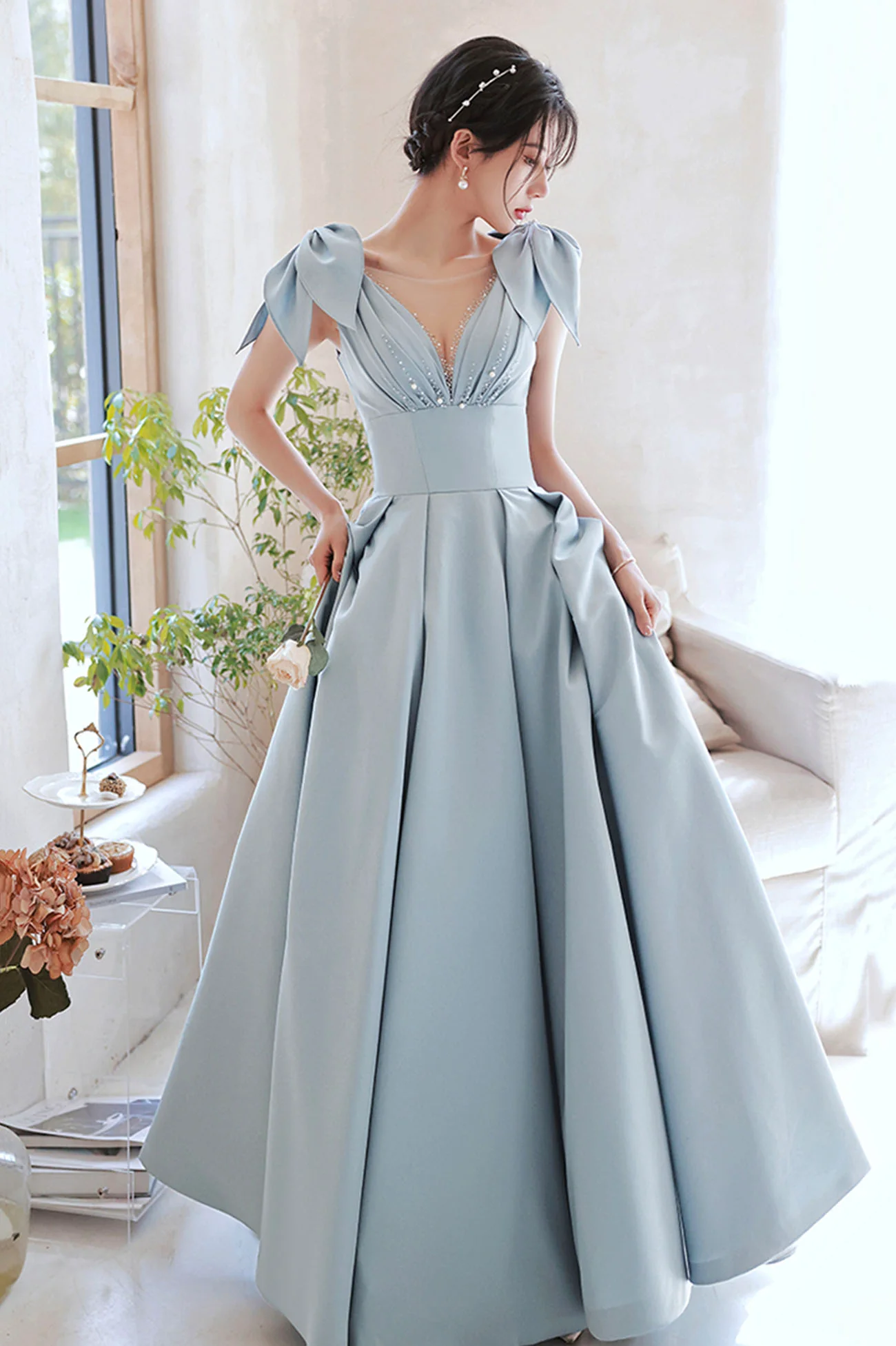 Cute Blue Satin Long Prom Dress, A-Line Blue Evening Dress Y4549