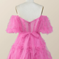 Off the Shoulder Hot Pink Ruffles Short A-line Homecoming Dress Y2783