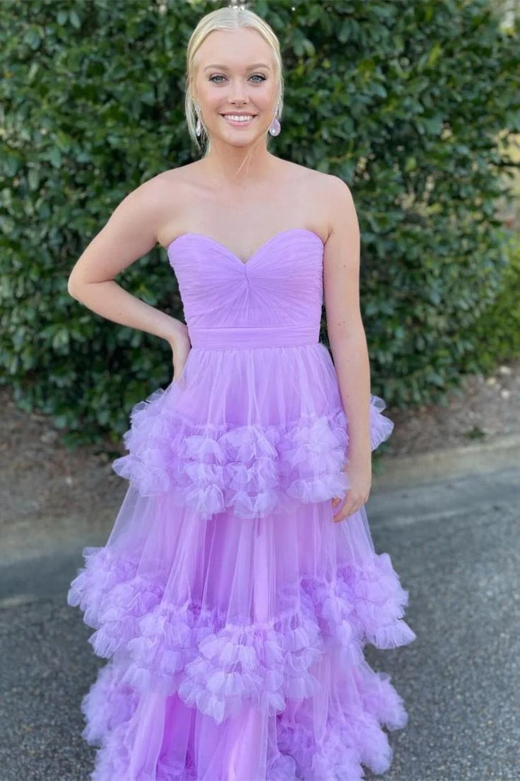 Lilac Sweetheart Tulle Long Prom Dress with Ruffles, A Line Floor Length Formal Gown Y6376