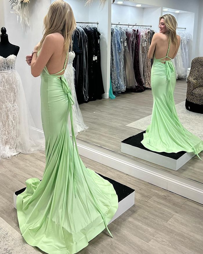 Mint Satin Deep V-neck Mermaid Simple Prom Dress Y6238