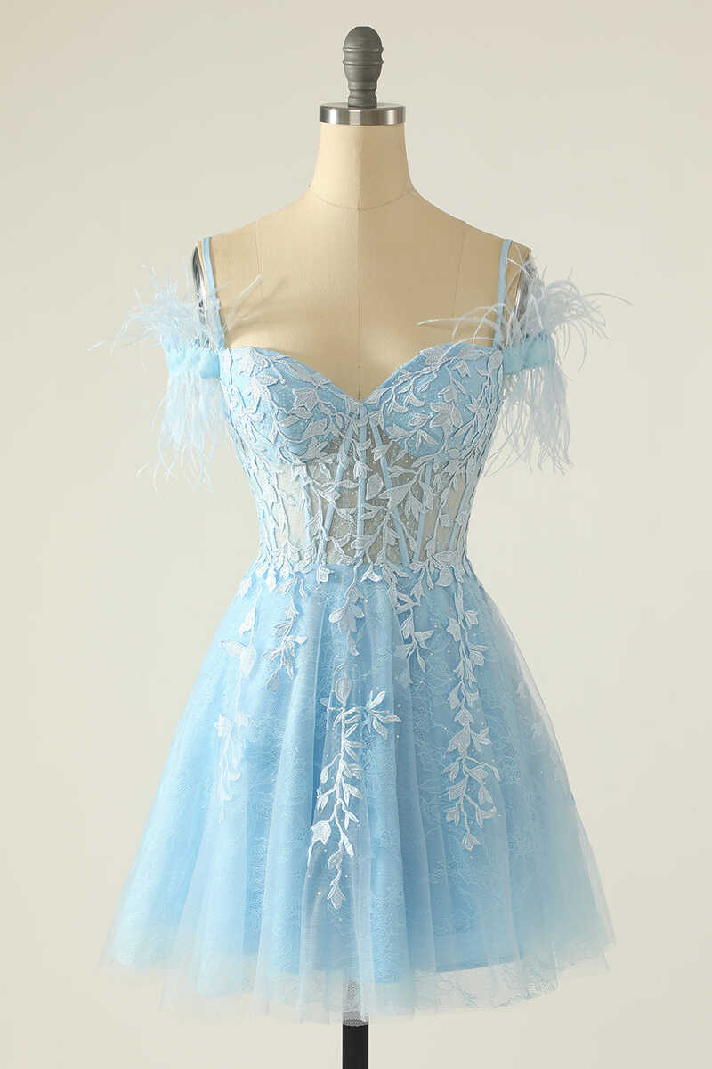 Light Blue Appliques Cold-Shoulder A-Line Short Homecoming Dress Y2672