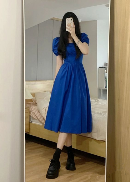 Royal Blue A-line Puff Sleeves Midi-length Prom Dress Y6069