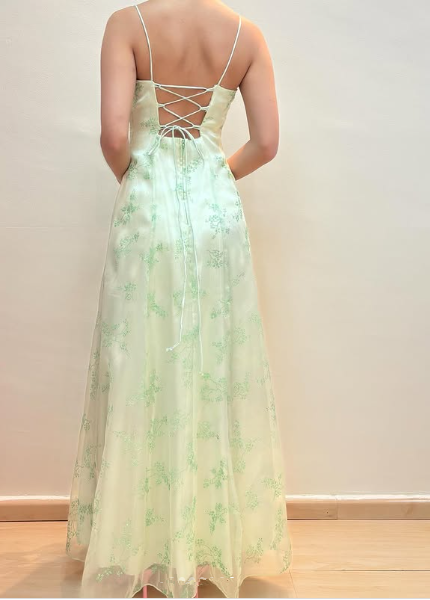 Pretty Green Spaghetti Straps Tulle Sequins A Line Party Prom Dress Y8141