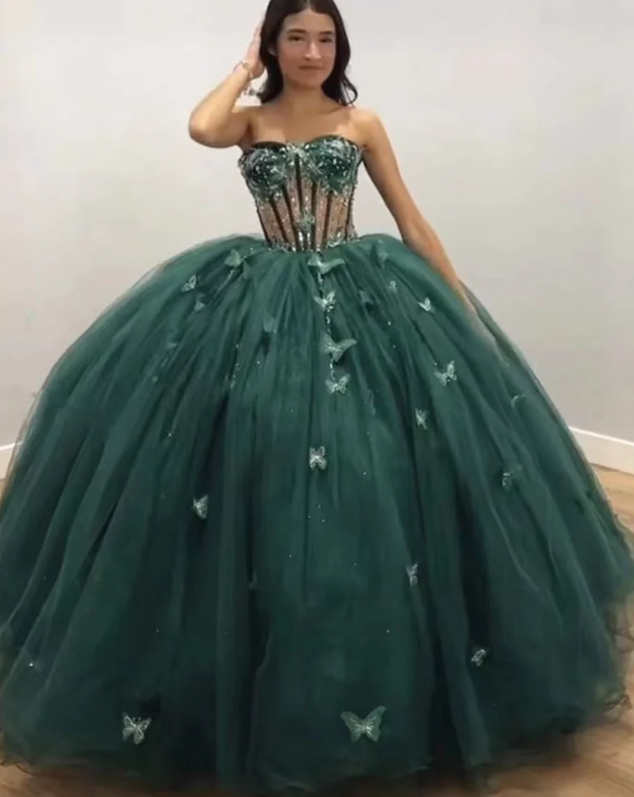 Green Tulle Ball Gown With Butterflies,Sweet 16 Dress, Green Quinceanera Dress Y2344