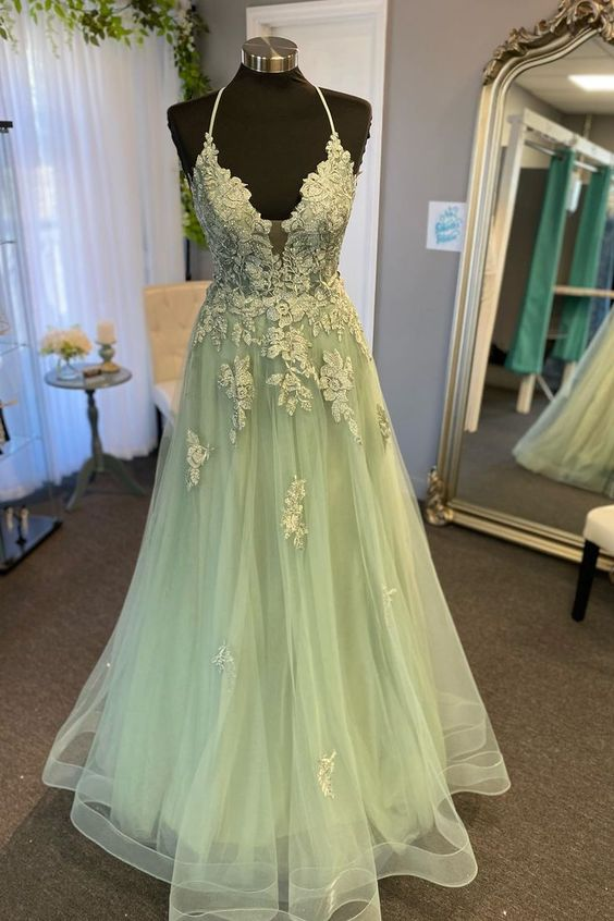 Straps Sage Green Appliques A-line Long Prom Dress Y4463