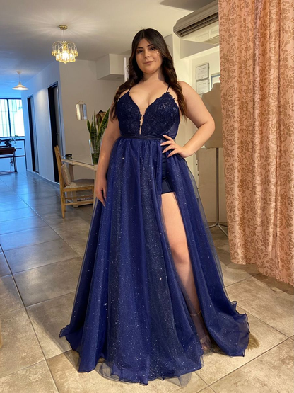 A-line Navy Blue Sparkly Unique Party Modest Formal Long Prom Dresses  Y4848