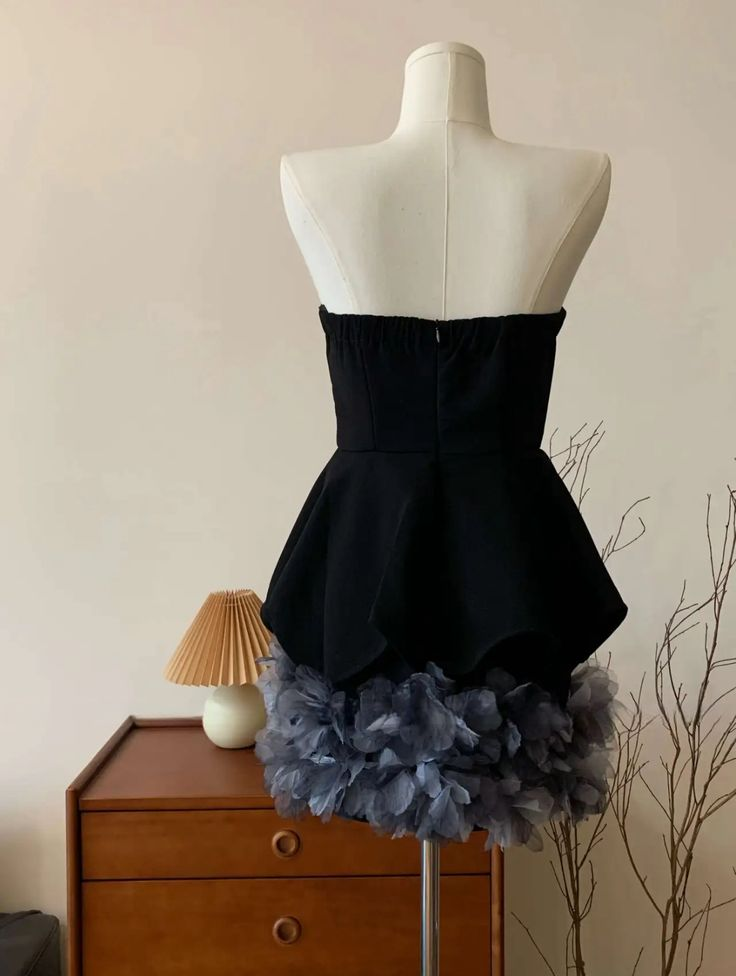 Black Strapless Tulle 3D Floral Cocktail Dress Strapless Homecoming Dress Y8105