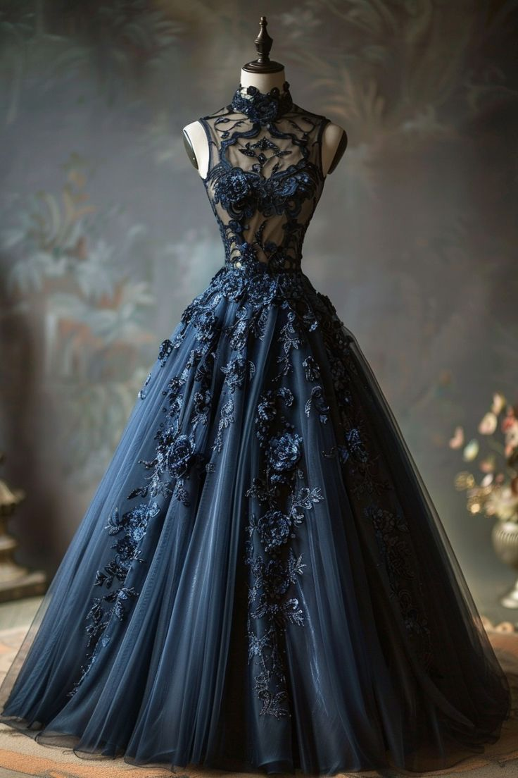 Vintage High Neck Tulle Lace Appliques Ball Gown,Navy Blue Birthday Prom Dress Quinceanera Dress Y8039