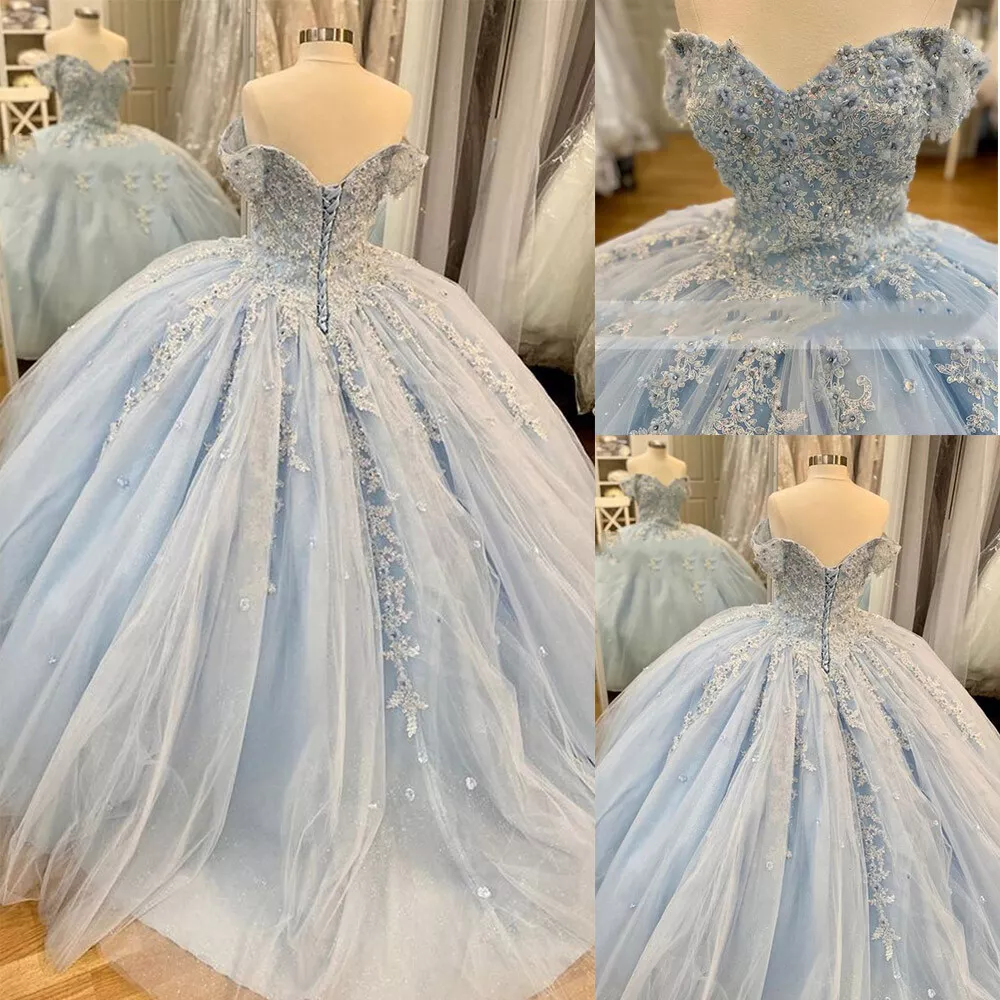 Off The Shoulder Blue Lace Tulle Ball Gown,Blue Sweet 16 Dress,Princess Dress Y2061