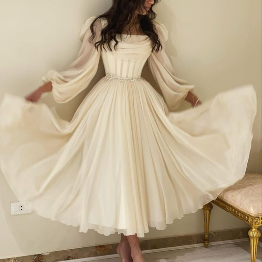 Beige Short Midi Arabic Evening Dress with Belt Long Sleeve Tea Length Women Formal Wedding Party Gowns Y4847