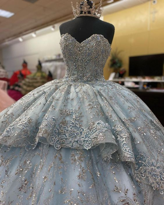 Handmade Smoke Blue Flowers Quinceanera Dress Sleeveless Appliques Ball Gown Sweet 16 Dress Y6294