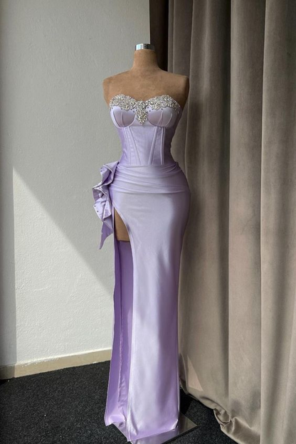 Light Purple Prom Dress With Rhinestone High Slit Gown Sleeveless Y6586