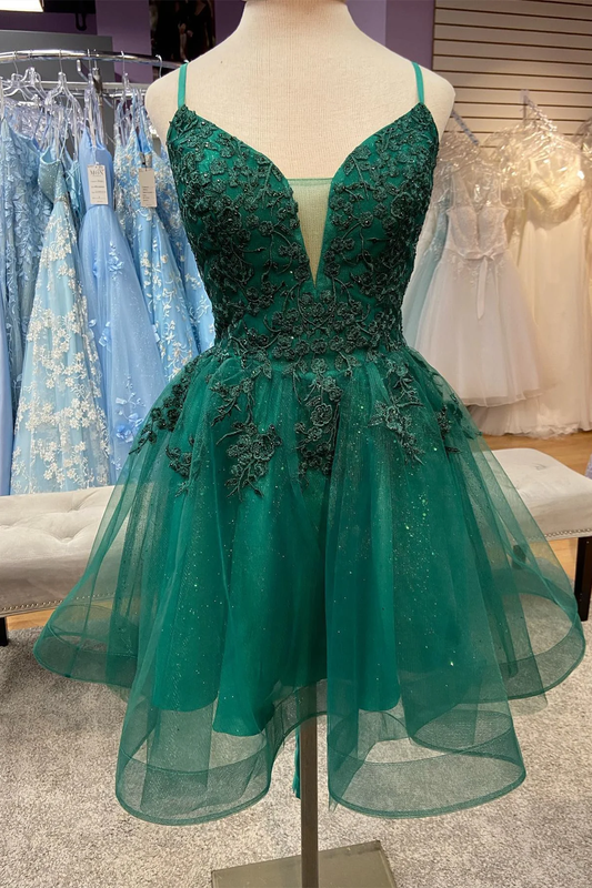 Hunter Green Plunging V Neck Straps Appliques Tulle Homecoming Dress Y2074