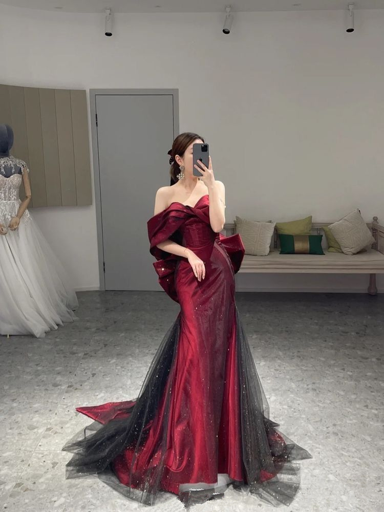 Romantic Off The Shoulder Burgundy Evening Dress,Reception Dress Y4416