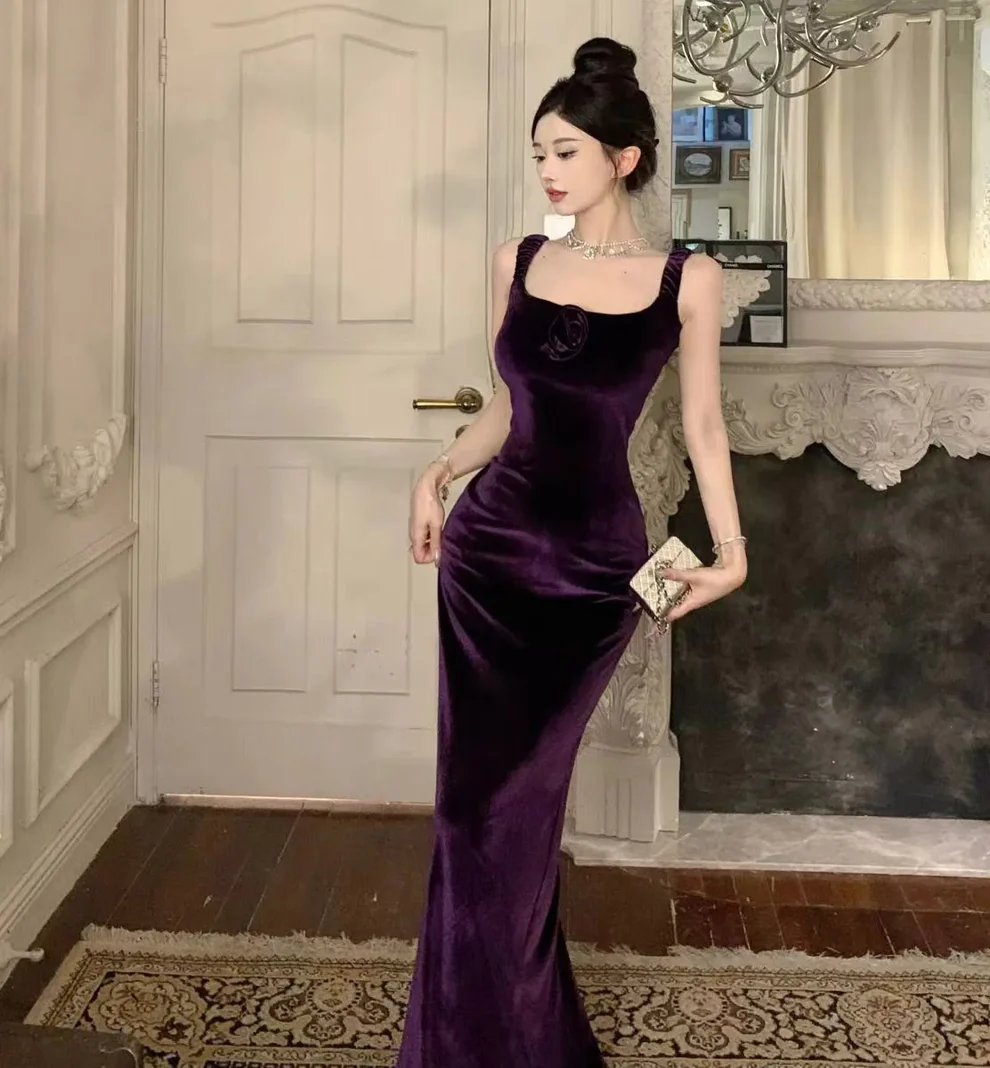 Elegant Velvet Long Sheath Prom Dress Purple Off Shoulder Slit Party Evening Gown Y8131