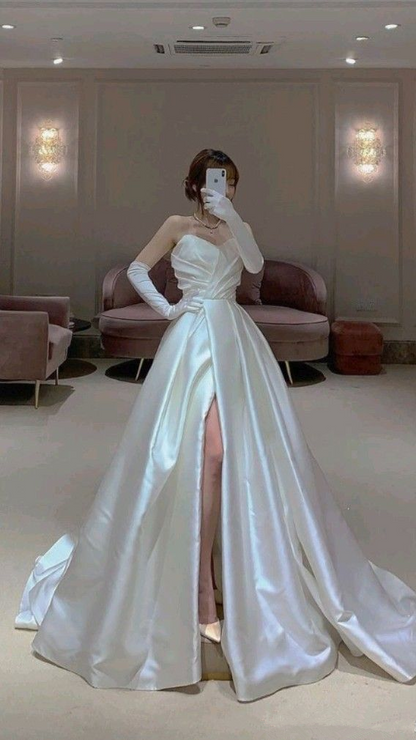 Elegant White Satin Wedding Dress,Simple White Bridal Dress Y1927