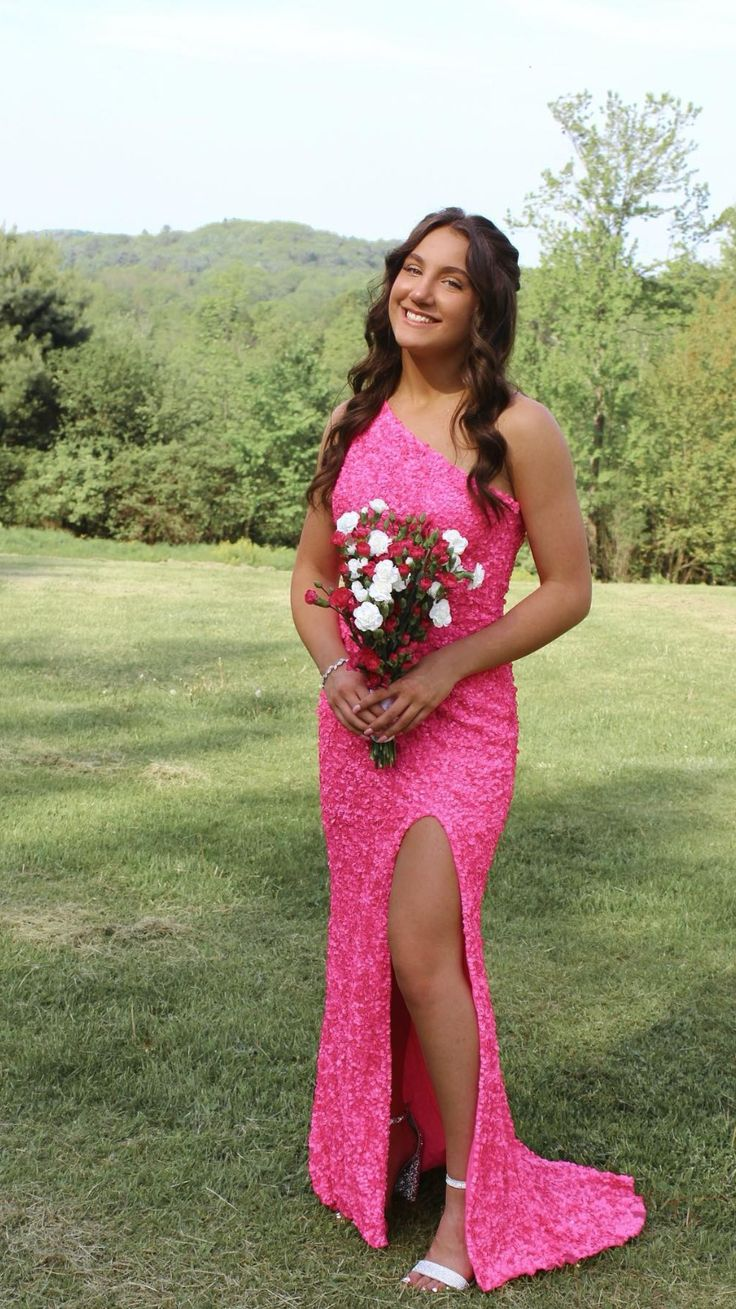 Pink Mermaid One Shoulder Sequin Prom Dress Y5031