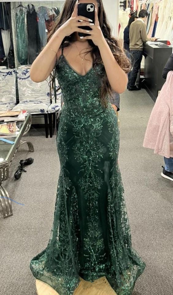 Unique Straps Dark Green Lace Mermaid evening Dress Long Prom Dress Y7878