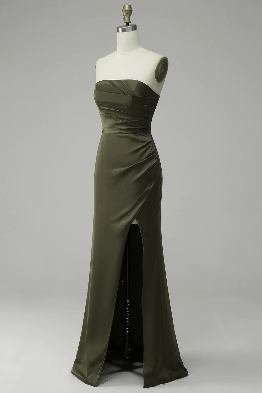 Green Strapless Satin Prom Dress With Slit  Y4204