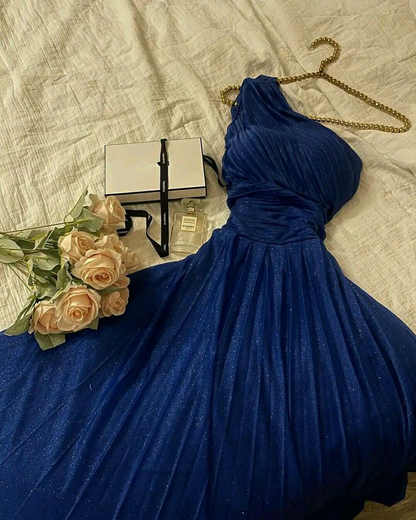 Glitter Blue One Shoulder Prom Dress,Blue Evening Dress Y4635