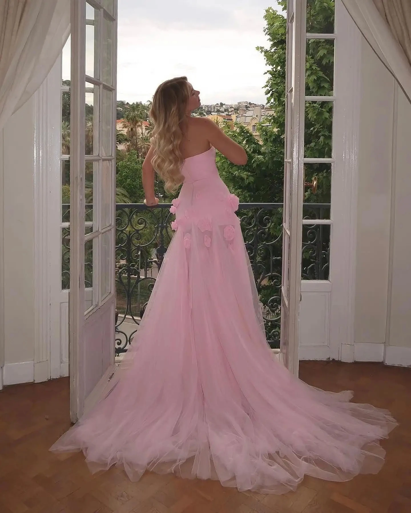 Chic Pink Strapless Long Prom Dress with 3D Flowers Y2723