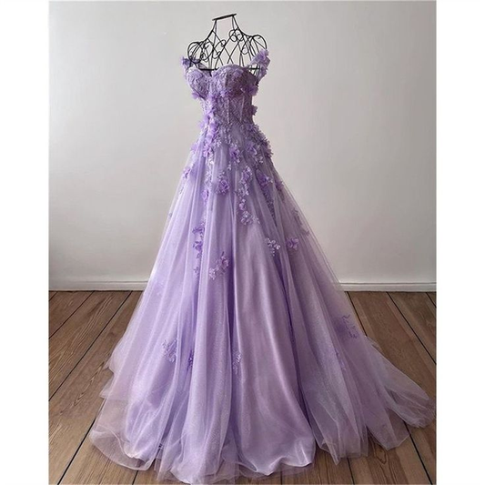 Princess 3D Flower sweet A-line Tulle Evening Dress/ Purple Prom Dress Handmade Y4677